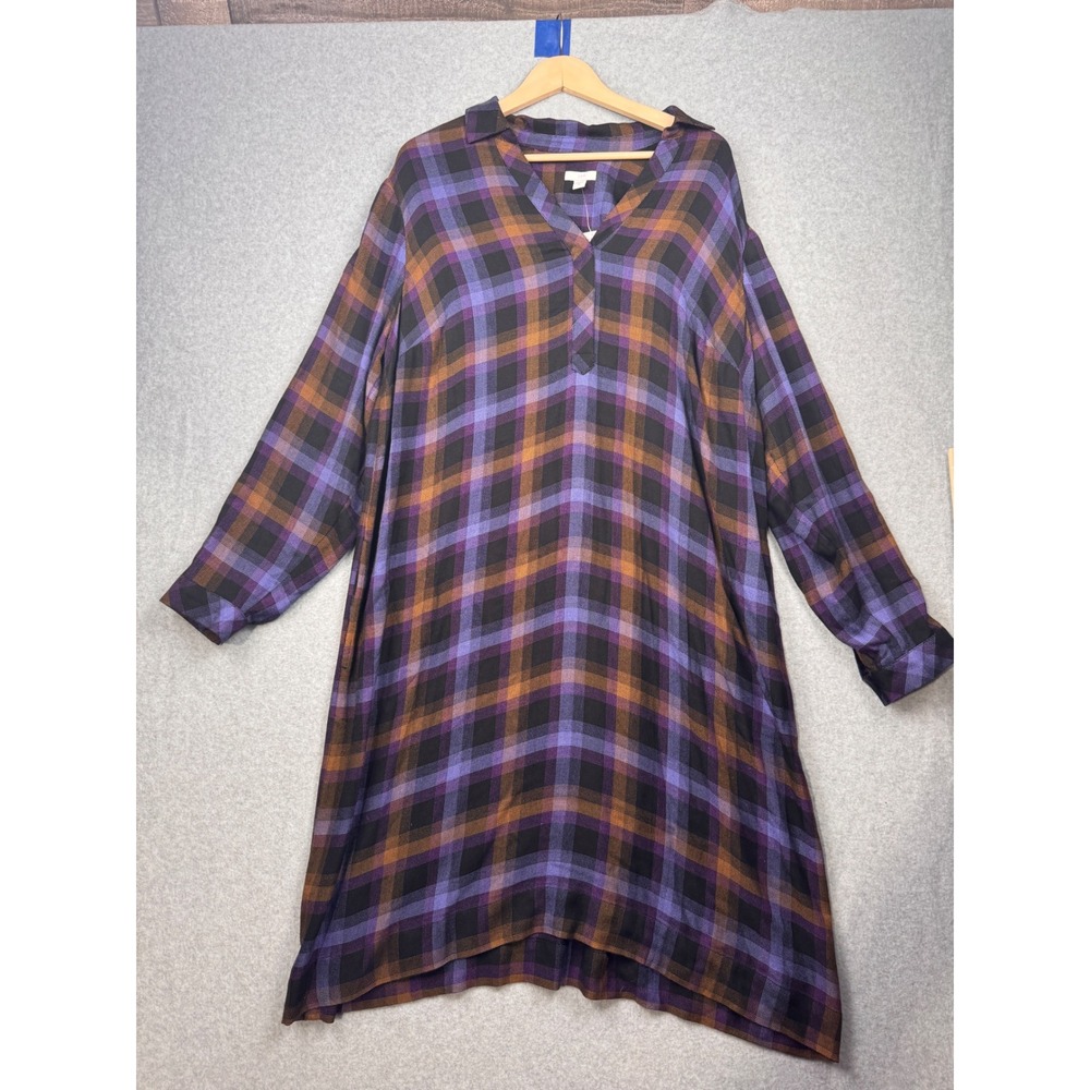 J Jill Dress Womens XL Tall Purple Black Gold Plaid Shift Fall NEW $109